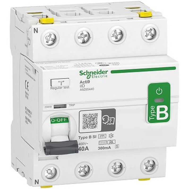 Schneider Electric Acti9 iID Series Residual Current Circuit Breaker, 40A, 4-Pole, 300 mA, Type B-SI, 40 A