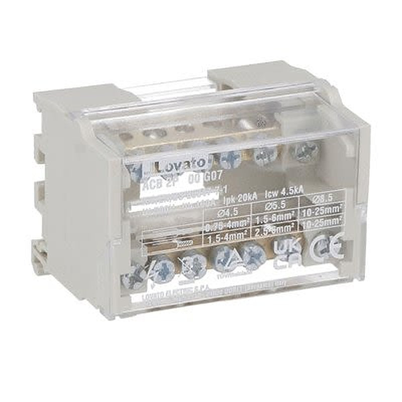 Lovato Distribution Block, 7 Way, 500V, 100A, Light Grey