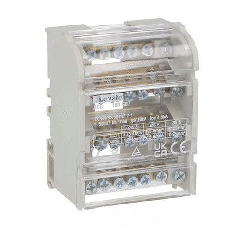 Lovato Distribution Block, 7 Way, 1000V ac/dc, 100A, Clear