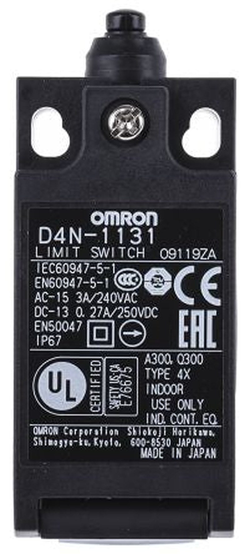 Omron D4n Series Plunger Limit Switch, 1 NO/1 NC, IP67, Plastic Housing