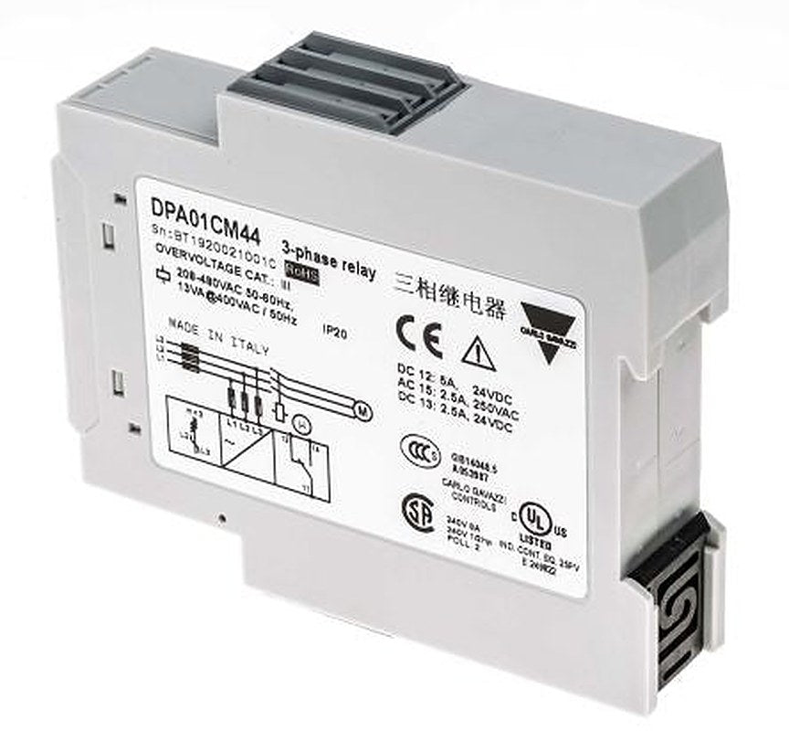 Carlo Gavazzi Monitoring Relay, 3 Phase, 177/550 V ac Monitor Range, SPDT, DIN Rail, 208V ac, 480 V ac 250 V ac