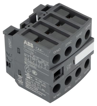 ABB Auxiliary Contact, 4 Contact, 3 NO/1 NC, CA4, Front, 6 A, 690V ac, 1SBN010140R1031 CA4-31E