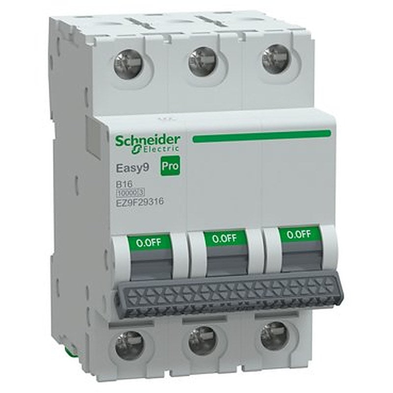 Miniature Circuit Breaker(MCB), Easy9 Pro, 3P, 16A, B curve, 10000A(IEC/EN 60898-1), 10kA(IEC/EN 60947-2) (Miniature Circuit Breaker(MCB) Easy9 Pro) is a Schneider Electric product. Designed for reliable performance and long service life. Available across Iraq — contact us for pricing and delivery options.