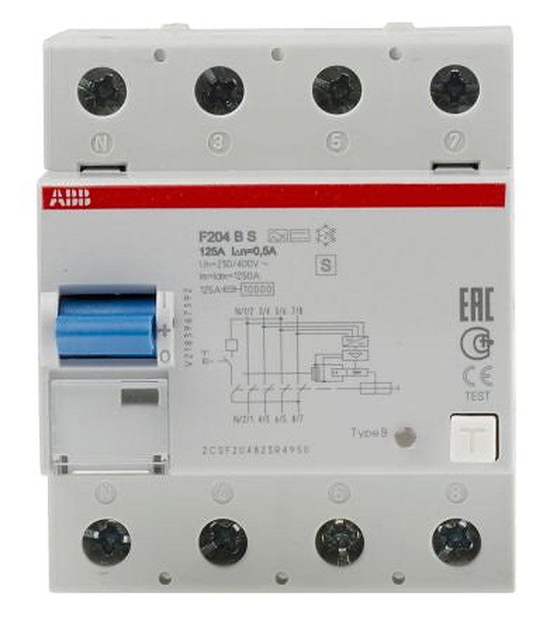 ABB F200 Series Residual Current Circuit Breaker, 125A, 4-Pole, 500 mA, Type B, 1 kA 400V ac