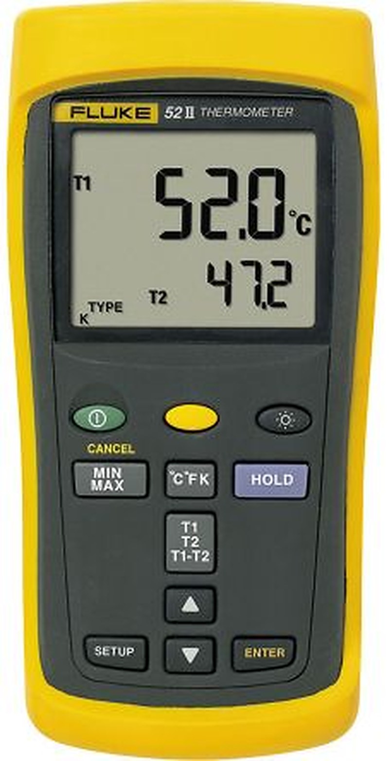 Fluke 52 II Handheld Digital Thermometer, Type J, K, Type T, Type E Probe, 2 Input(s), 1767 °C Max, ±0.05 % + 0.3°C