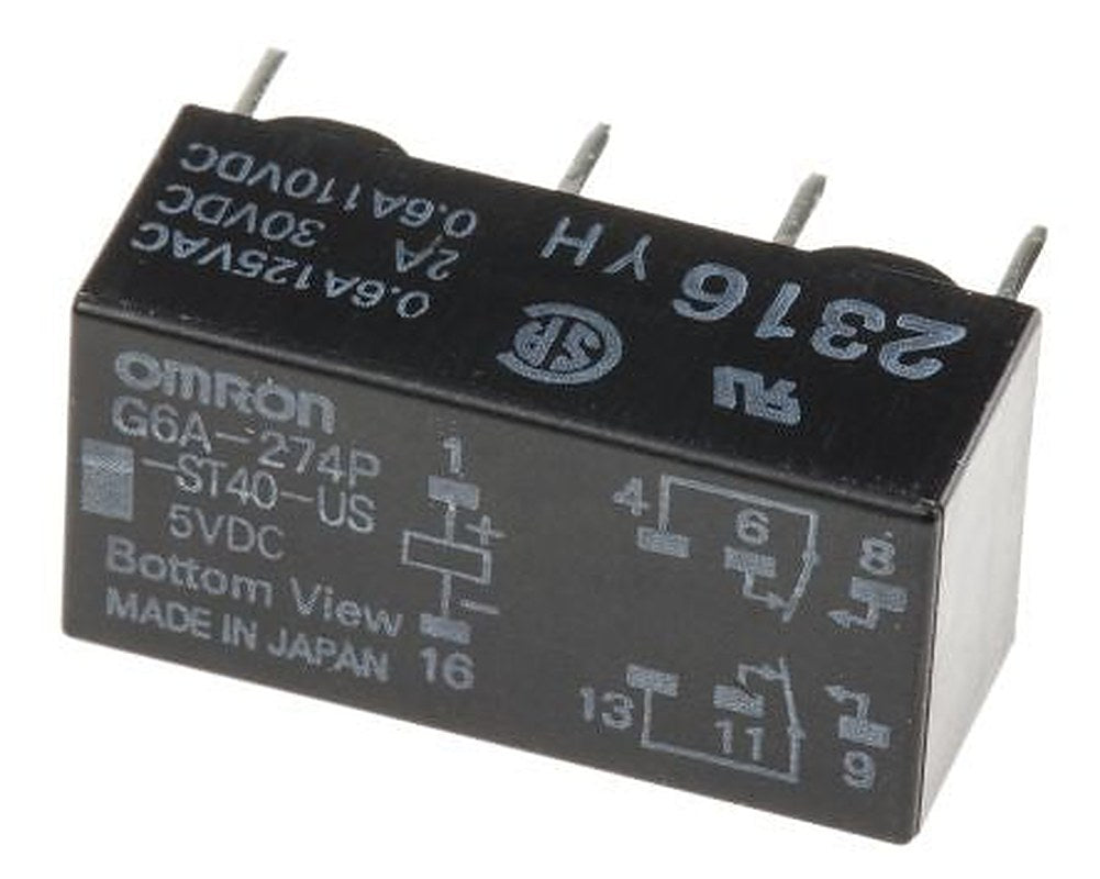 Omron PCB Signal Relay, 5V dc Coil, 2A, DPDT