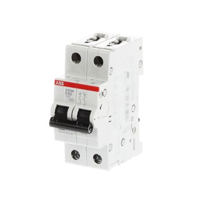 ABB System Pro M Compact S200M Miniature Circuit Breaker, 2-Pole, 50A, Type D, 440V ac AC, 125 V dc DC, 15 kA Breaking