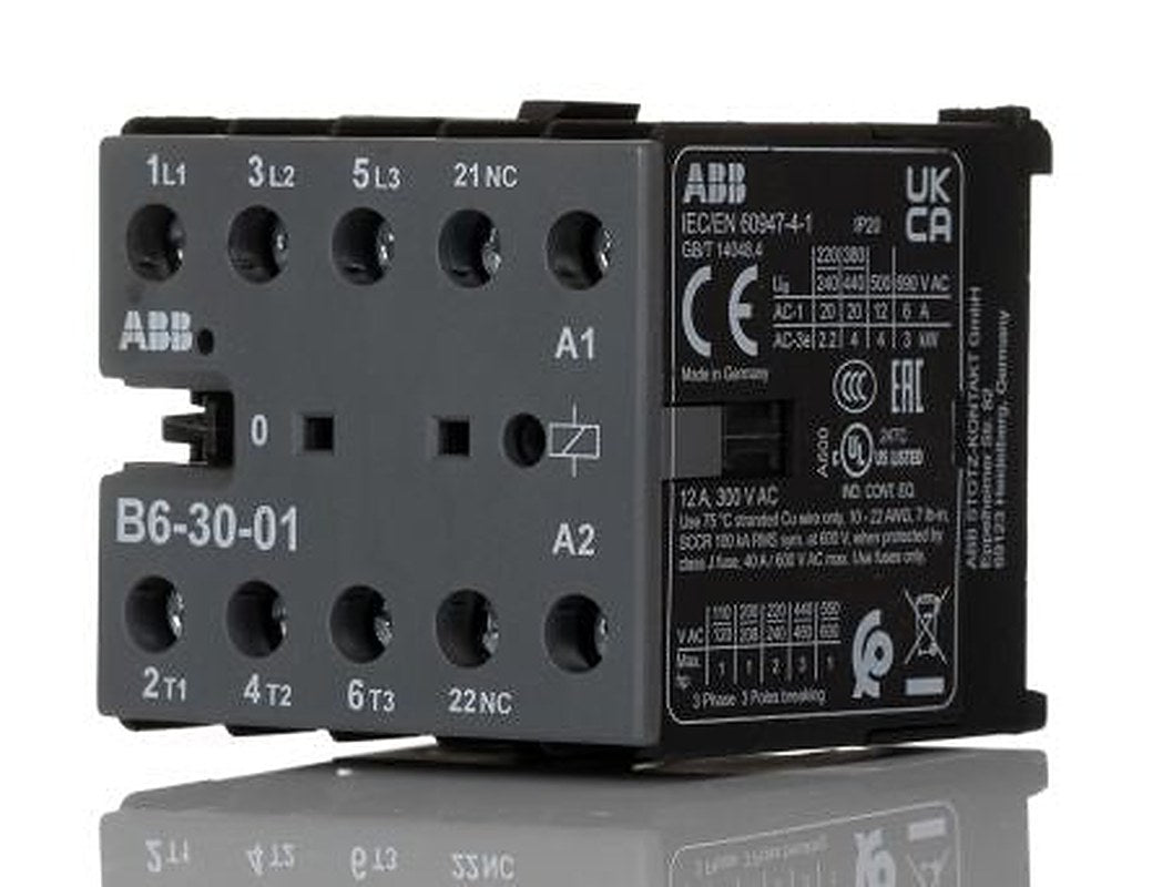 ABB B6-30-01 Contactor, 24V Coil, 3-Pole, 20 A, 4 kW 24V ac, 3 NO