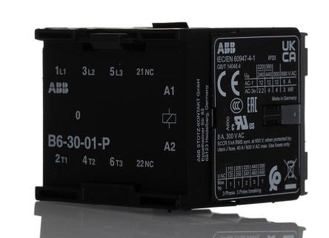 ABB B6 Contactor, 240V Coil, 3-Pole, 20 A, 4 kW 127V, 3 NO