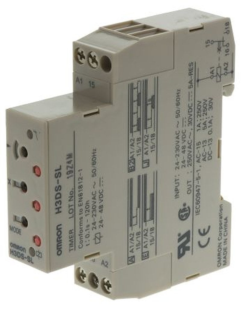Omron H3DS Series DIN Rail Timer Relay, 1-Contact, 48 V dc 230V ac, 24 V ac, 0.1 s to 120 h, Multifunction-Function,
