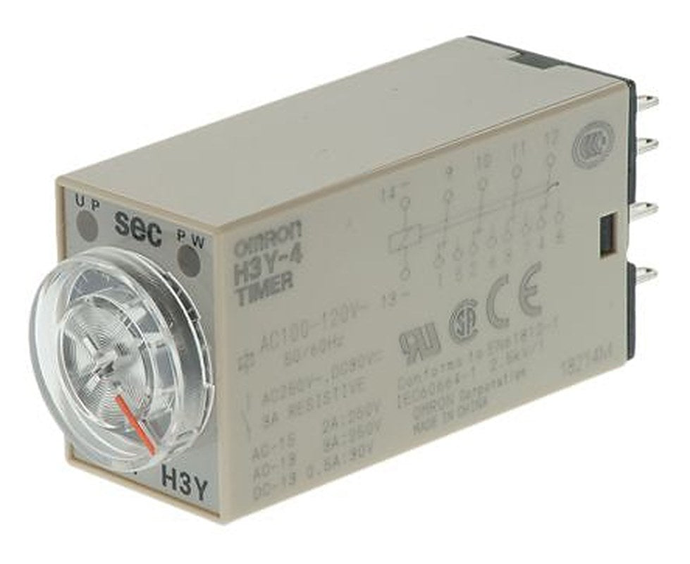 Omron H3Y-4 Series DIN Rail Timer Relay, 4-Contact, 125 V dc 100V ac, 120 V ac, 0.5 to 10 s, 1-Function, 4PDT Switch