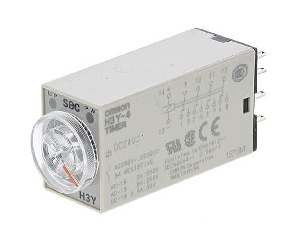 Omron H3Y-4 Series DIN Rail Timer Relay, 4-Contact, 24 V dc 24V ac, 1 to 30 s, 1-Function, 4PDT Switch Configuration