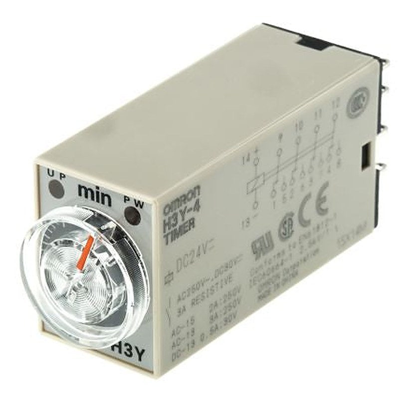 Omron H3Y-4 Series DIN Rail Timer Relay, 4-Contact, 24 V 24V ac, 0.1 to 3 min, 1-Function, 4PDT Switch Configuration