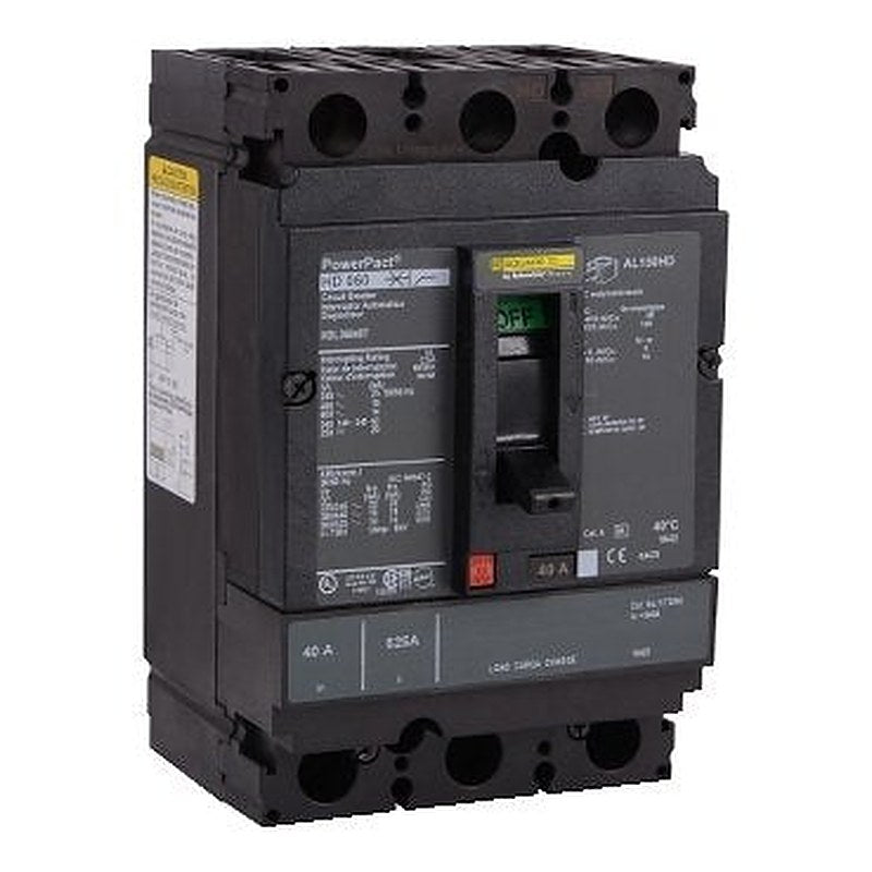 Circuit breaker, PowerPacT H, 40A, 3 pole, 600VAC, 14kA, lugs, thermal magnetic, 80%, interchangeable trip unit (Circuit breaker PowerPacT H) is a Schneider Electric product. Designed for reliable performance and long service life. Available across Iraq — contact us for pricing and delivery options.
