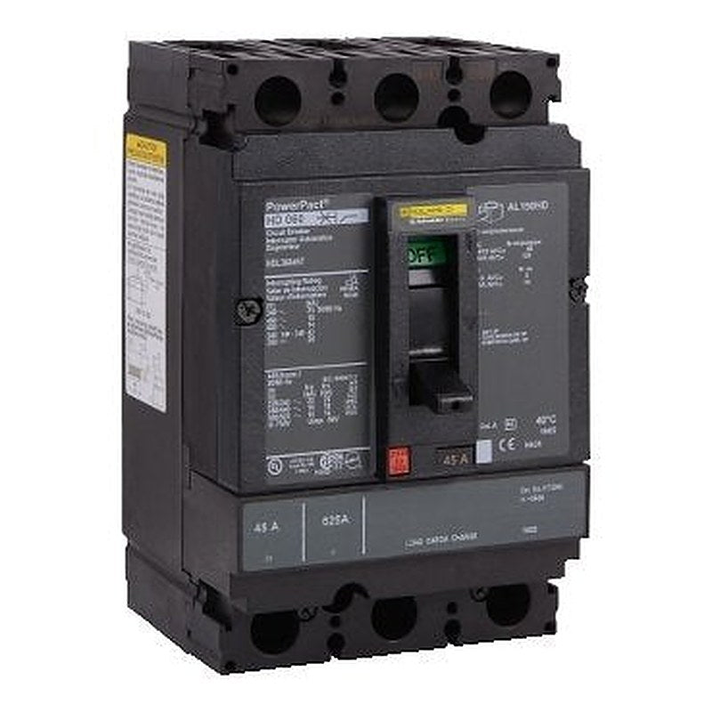 Circuit breaker, PowerPacT H, 45A, 3 pole, 600VAC, 14kA, lugs, thermal magnetic, 80%, interchangeable trip unit (Circuit breaker PowerPacT H) is a Schneider Electric product. Designed for reliable performance and long service life. Available across Iraq — contact us for pricing and delivery options.