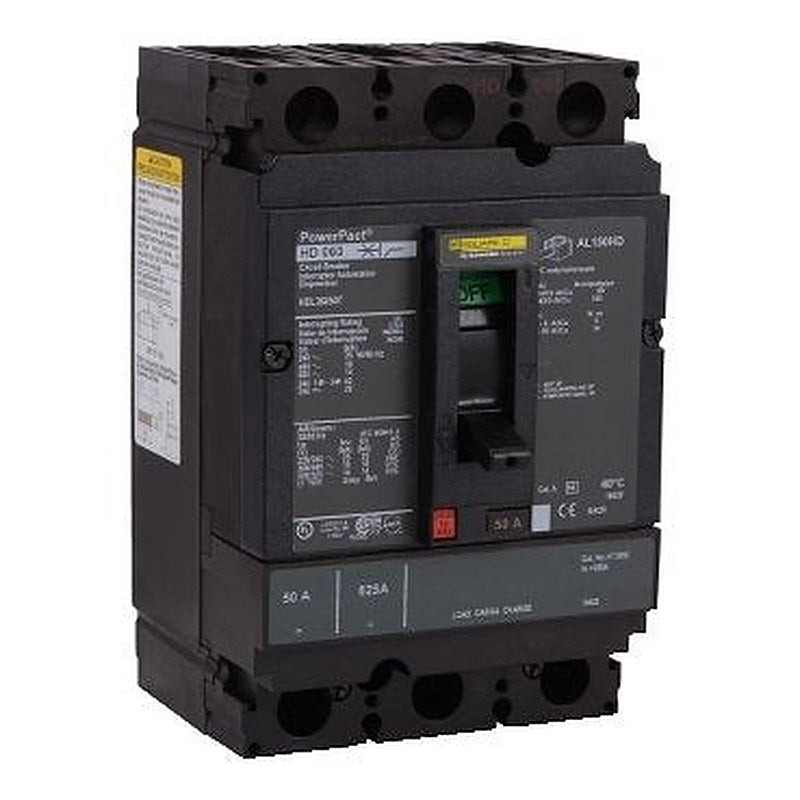 Circuit breaker, PowerPacT H, 50A, 3 pole, 600VAC, 14kA, lugs, thermal magnetic, 80%, interchangeable trip unit (Circuit breaker PowerPacT H) is a Schneider Electric product. Designed for reliable performance and long service life. Available across Iraq — contact us for pricing and delivery options.
