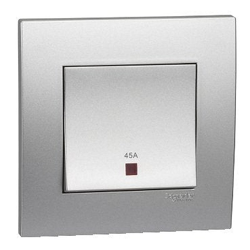 Double Pole Switch, Vivace, 45A, 250V, 1 gang, with neon indicator, aluminium silver (Double Pole Switch Vivace) is a Schneider Electric product. Designed for reliable performance and long service life. Available across Iraq — contact us for pricing and delivery options.