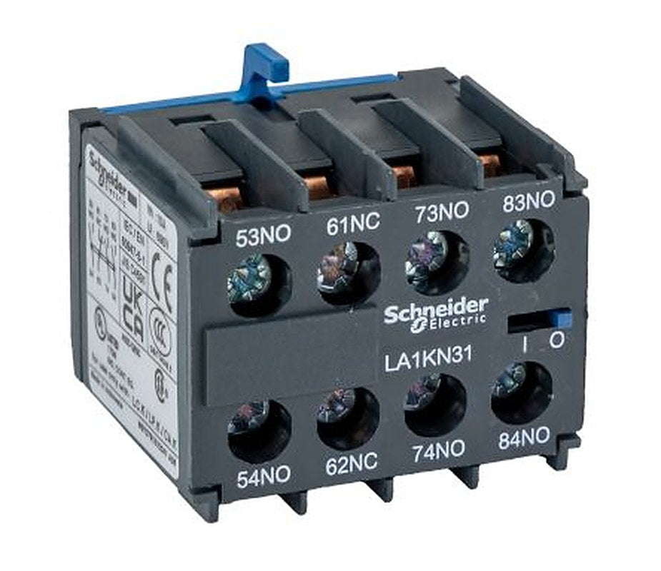 Schneider Electric Auxiliary Contact, 4 Contact, 3 NO/1 NC, LA1K, Screw, DIN Rail, 2 A, 600V ac, LA1KN31