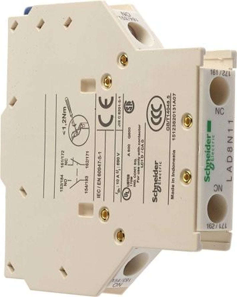 Schneider Electric Auxiliary Contact Block, 2 Contact, 1 NO/1 NC, TeSyS D, Side, 10 A, 690V ac, LAD8N11