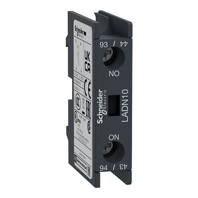 Schneider Electric Auxiliary Contact Block, 1 Contact, 1 NO, TeSyS D, Front, 10 A, 690V ac, LADN10