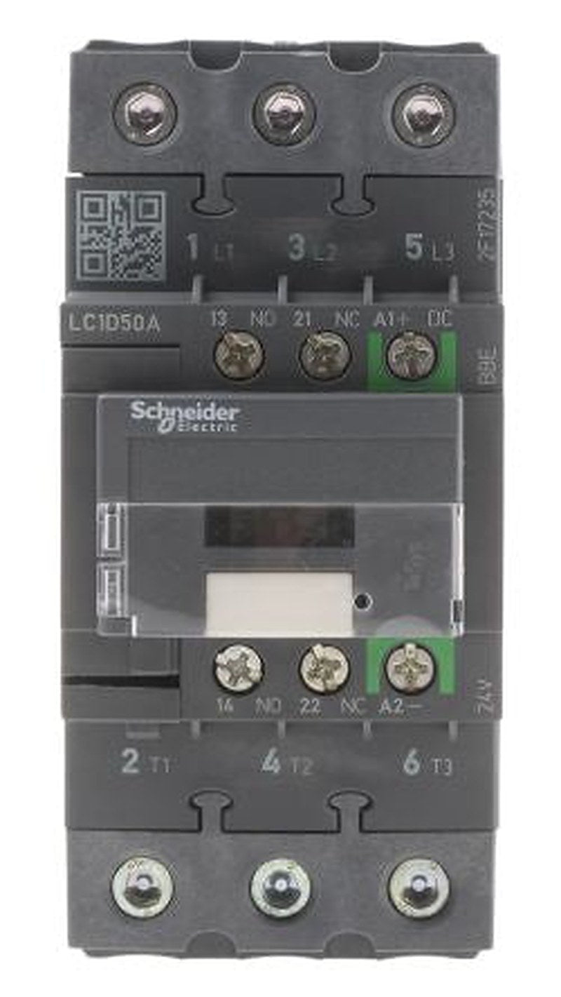 Schneider Electric LC1D Contactor, 24V dc Coil, 3-Pole, 50 A, 22 kW 24V dc, 3 NO, 690V ac