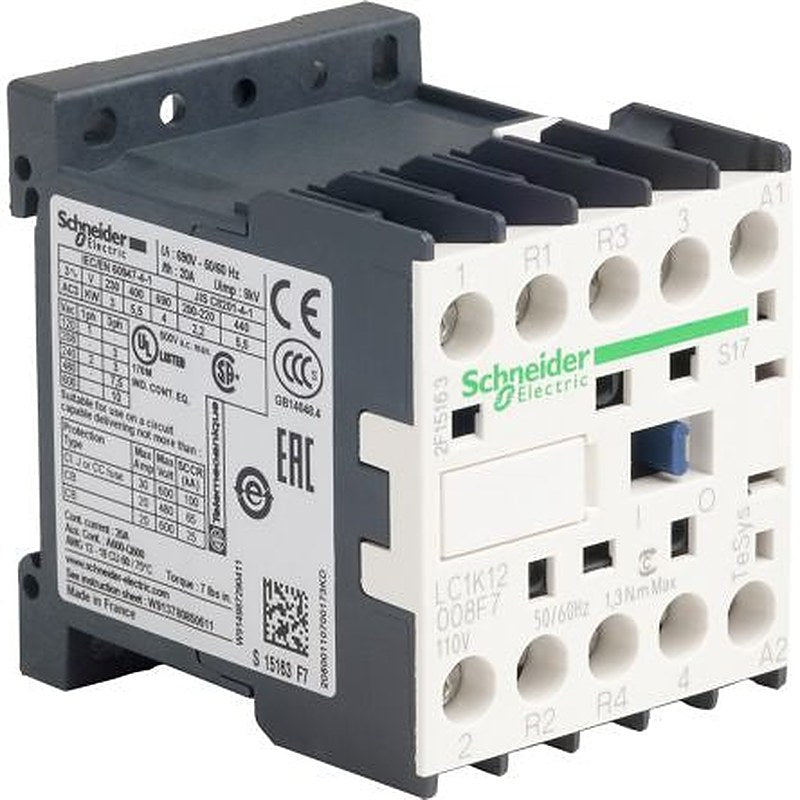 Schneider Electric LC1K Contactor, 110V Coil, 2-Pole, 12 A 110V, 1 NO/1 NC, 690V