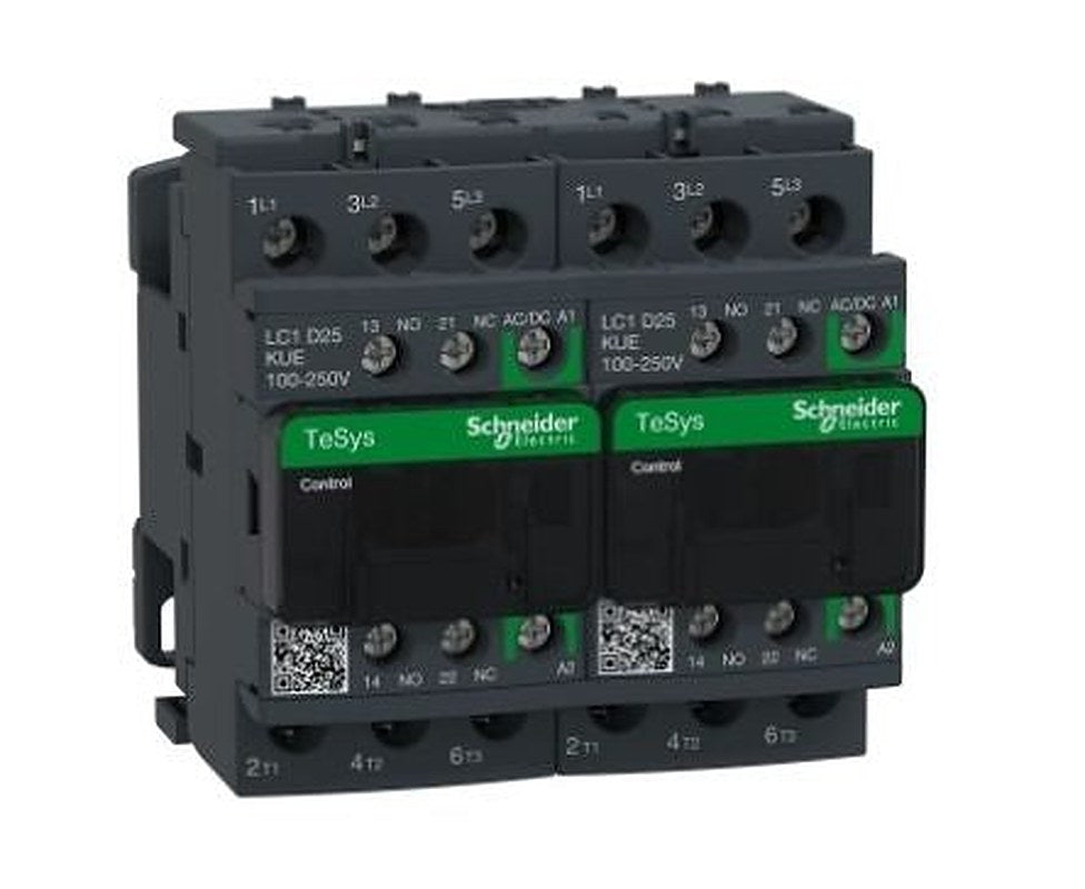 Schneider Electric TeSyS D Reversing Contactor, 100V ac/dc, 250 V ac/dc Coil, 3-Pole, 25 A, 3 HP 250V ac/dc, 1 NO/1 NC