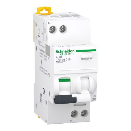 Schneider Electric Residual Current Circuit Breaker with Overload Protection, 16A Current Rating, 1P+N-Pole, 30 mA Trip