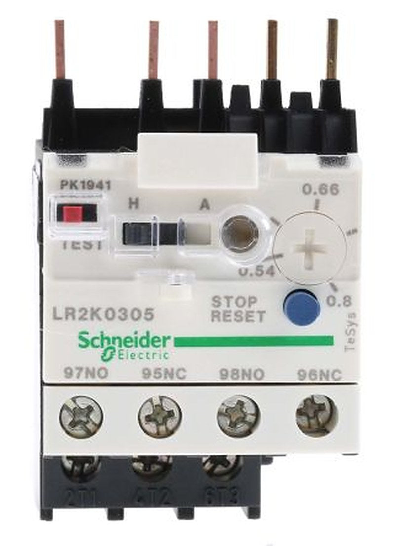 Schneider Electric, LR2K Thermal Overload Relay 1 NO/1 NC, 0.54A, 0.8 A F.L.C, 10A Contact Rating, 100 W, 250 V dc, 690V