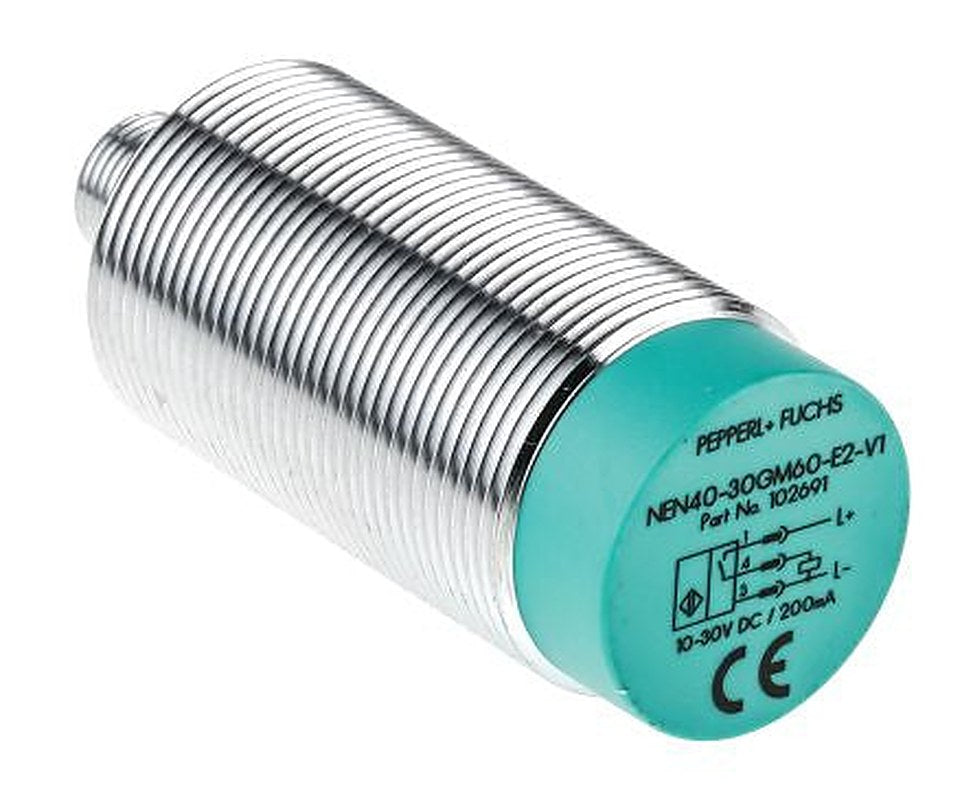 Pepperl + Fuchs NEN40-30GM60-E2-V1 Threaded Barrel Inductive Proximity Sensor, M30 x 1.5 PNP 3V 40 mm 30 V dc 200mA