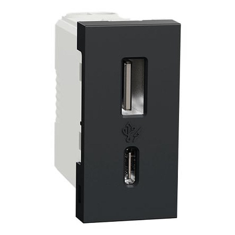 Schneider Electric New Unica White, Black Plug Socket, 2.4A Indoor, USB Type C, USB Type A