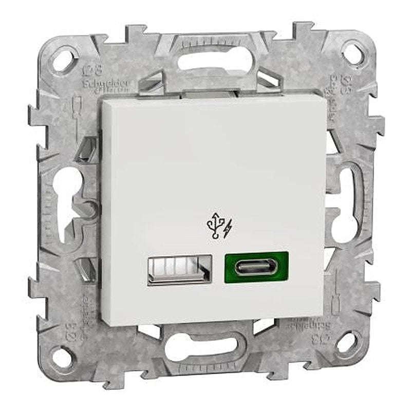Schneider Electric Unica White 2 Gang USB Socket, 3A Indoor, USB Type C, USB Type A