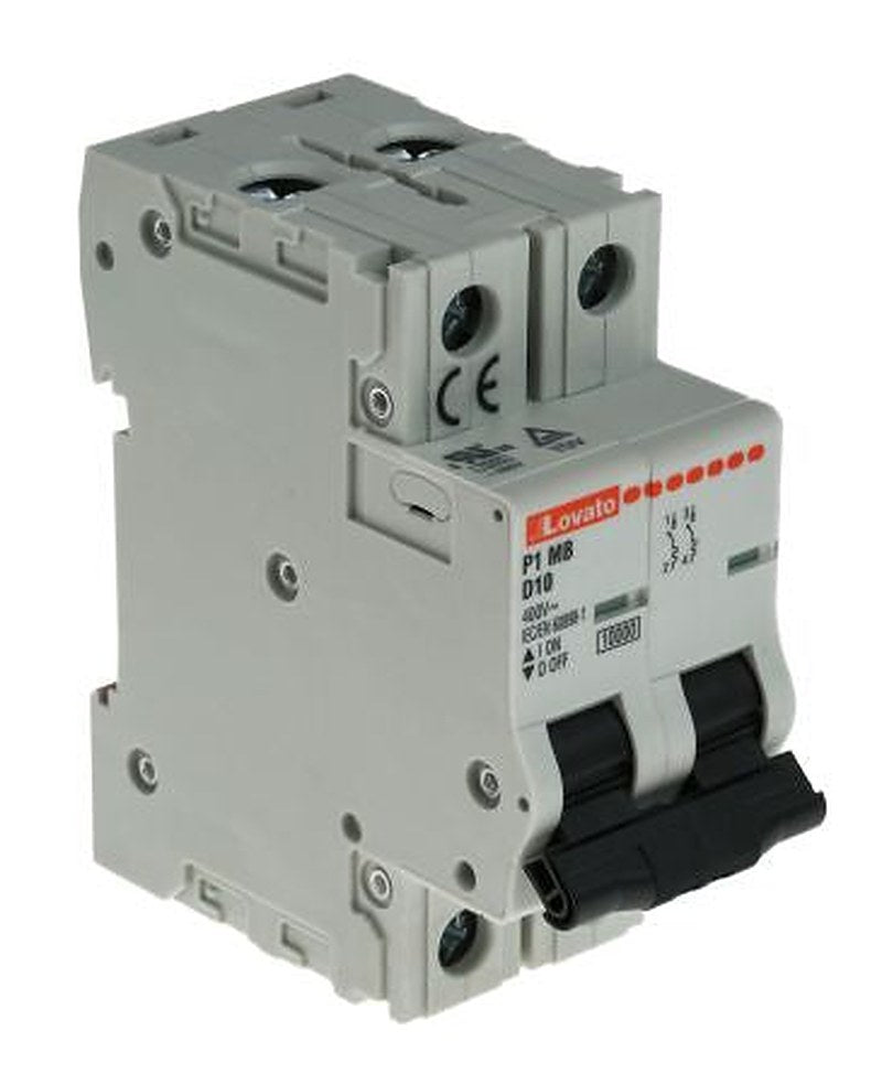 Lovato Modulo P1MB Miniature Circuit Breaker, 2-Pole, 10A, Type D, 400V ac AC, 80 V dc DC, 10 kA Breaking Capacity
