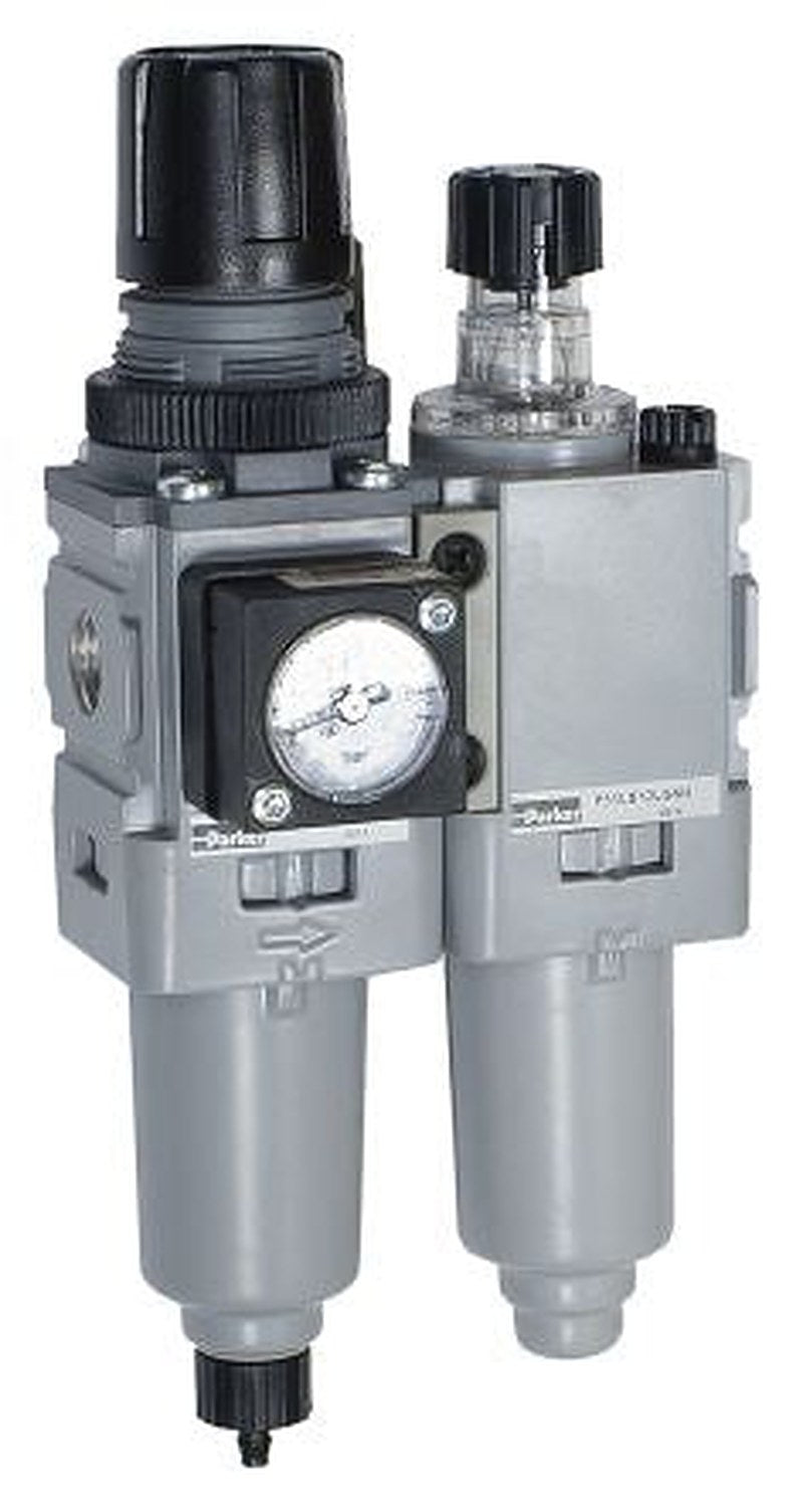 Parker G 1/4 FRL, Manual Drain, 5 μm Filtration Size Integrated Pressure Gauge