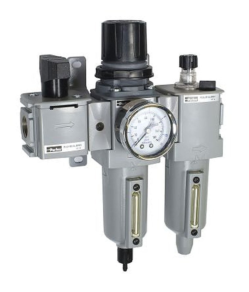 Parker BSPP 1/2 FRL, Automatic Drain, 5 μm Filtration Size Integrated Pressure Gauge