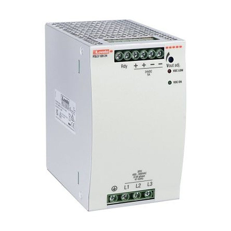 Lovato PSL DIN Rail Switching Power Supply DIN Rail Power Supply 820 V dc, 575V ac AC Input 24V dc, 5 A Output DC 120 W