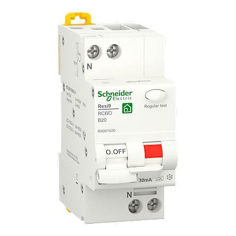 Schneider Electric Residual Current Circuit Breaker with Overload Protection, 20A Current Rating, 1-Pole, 30 mA Trip