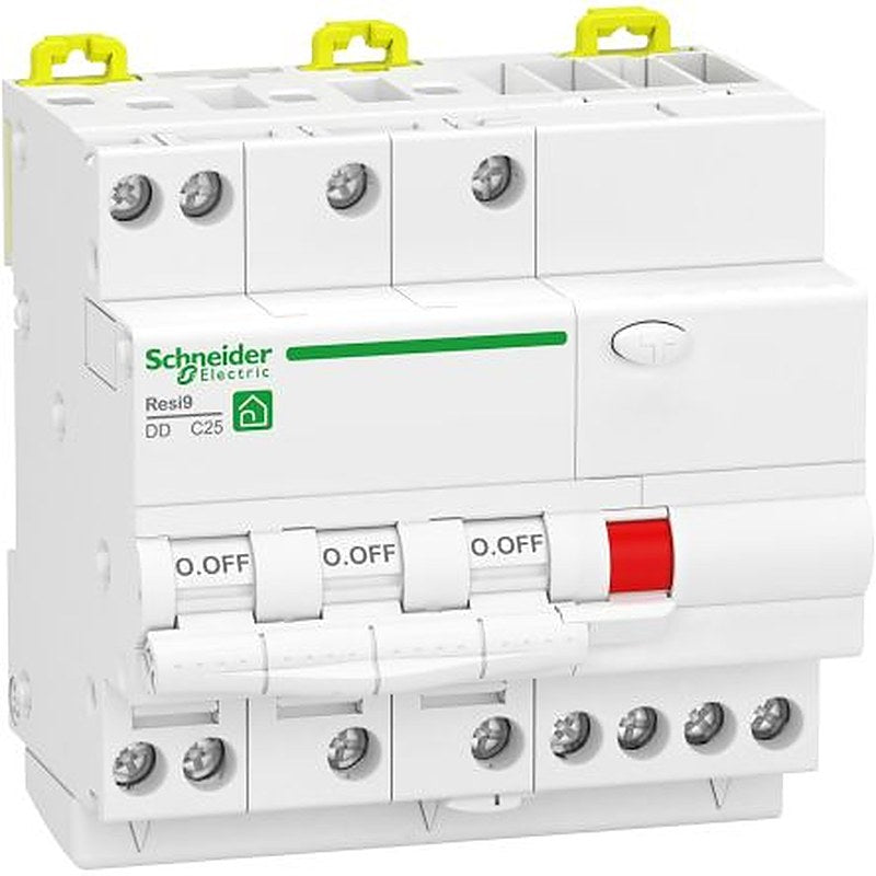 Schneider Electric Safety Breaker, 25A Current Rating, 3-Pole, 30 mA Trip Sensitivity, Type A, Resi9 Range, Resi9 Range