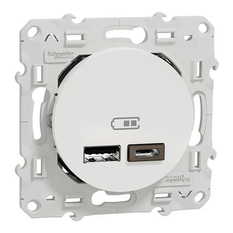 Schneider Electric Odace 2011 White USB Socket, 2.4A Indoor, USB Type C, USB Type A