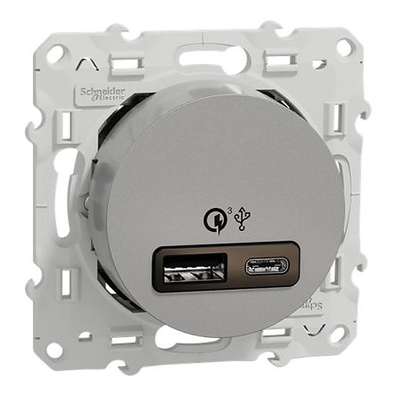 Schneider Electric Odace 2011 Silver Plug Socket, 2.4A Indoor, USB Type A, USB Type C