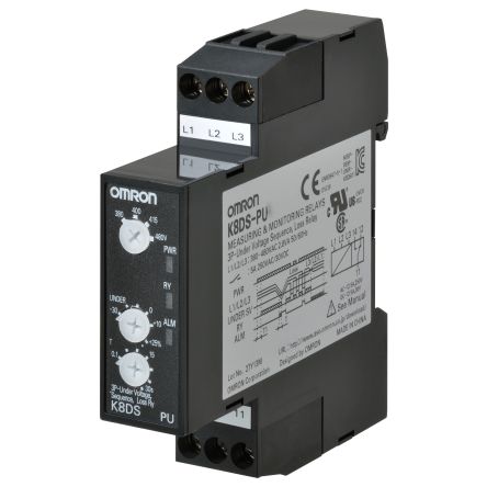 Omron Monitoring Relay, 3 Phase, 200 to 480 VAC Monitor Range, SPDT, DIN Rail