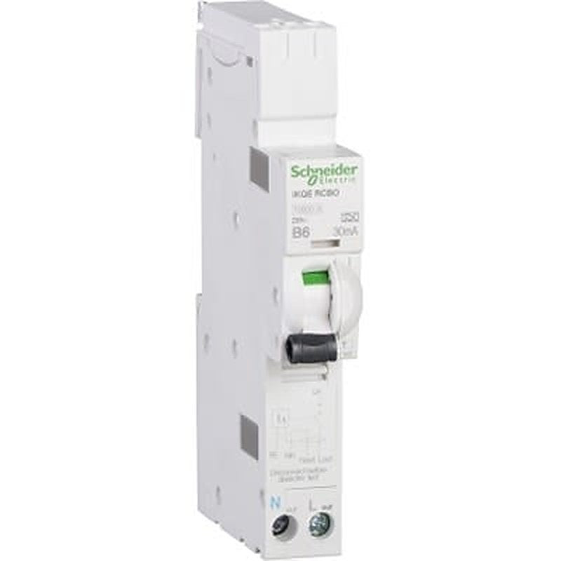 Schneider Electric Residual Current Circuit Breaker with Overload Protection, 6A Current Rating, 1-Pole, 30 mA Trip