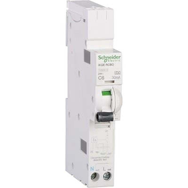 Schneider Electric Residual Current Circuit Breaker with Overload Protection, 6A Current Rating, 1-Pole, 30 mA Trip