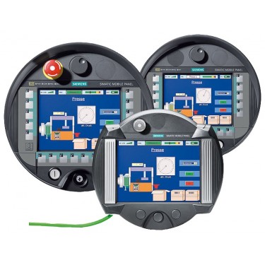 SIMATIC Mobile Panel 277 with integrated acknowledgment button, stop pushbutton, Handwheel, keyswitch and two illuminated push-buttons, configurable with WinCC flexible Standard Version 2005 SP1 or higher or TIA Portal V11 to V14