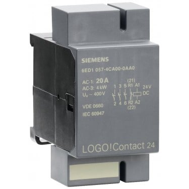 LOGO! contact 24 Switching module for direct switching of resistive loads up to 20 A and motors up to 4 kW, 24 V DC, 3 NO contacts+1 NC EAN: 4025515050742