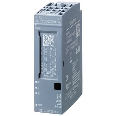 SIMATIC ET 200SP, relay module, RQ CO 3x 120V DC..230VAC/5A ST, 3 CO contacts isolated contacts, packing unit: 1 unit, suitable for BU type U0, color code CC20, substitute value output, module diagnostics for supply voltage