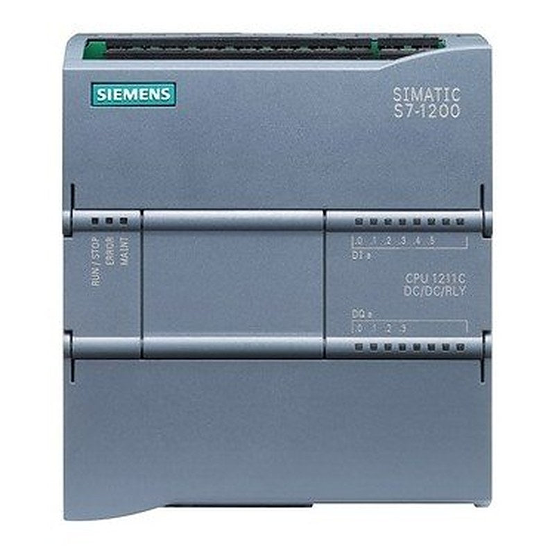 SIMATIC S7-1200, CPU 1211C, compact CPU, DC/DC/relay, onboard I/O: 6 DI 24 V DC; 4 DO relay 2A; 2 AI 0-10 V DC, Power supply: DC 20.4-28.8V DC, Program/data memory 50 KB