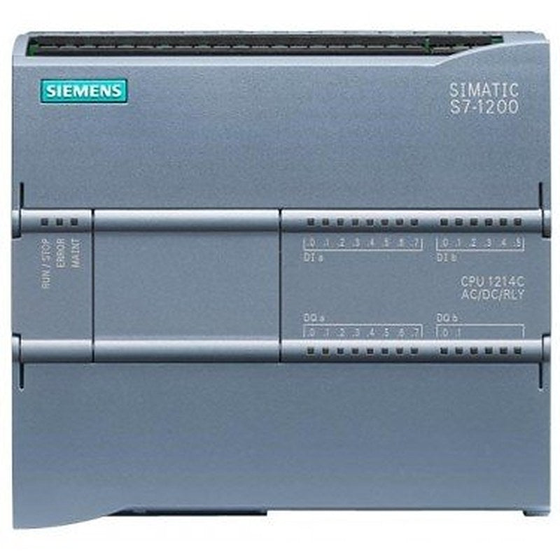 SIMATIC S7-1200, CPU 1214C, compact CPU, AC/DC/relay, onboard I/O: 14 DI 24 V DC; 10 DO relay 2 A; 2 AI 0-10 V DC, Power supply: AC 85-264 V AC at 47-63 Hz, Program/data memory 75 KB