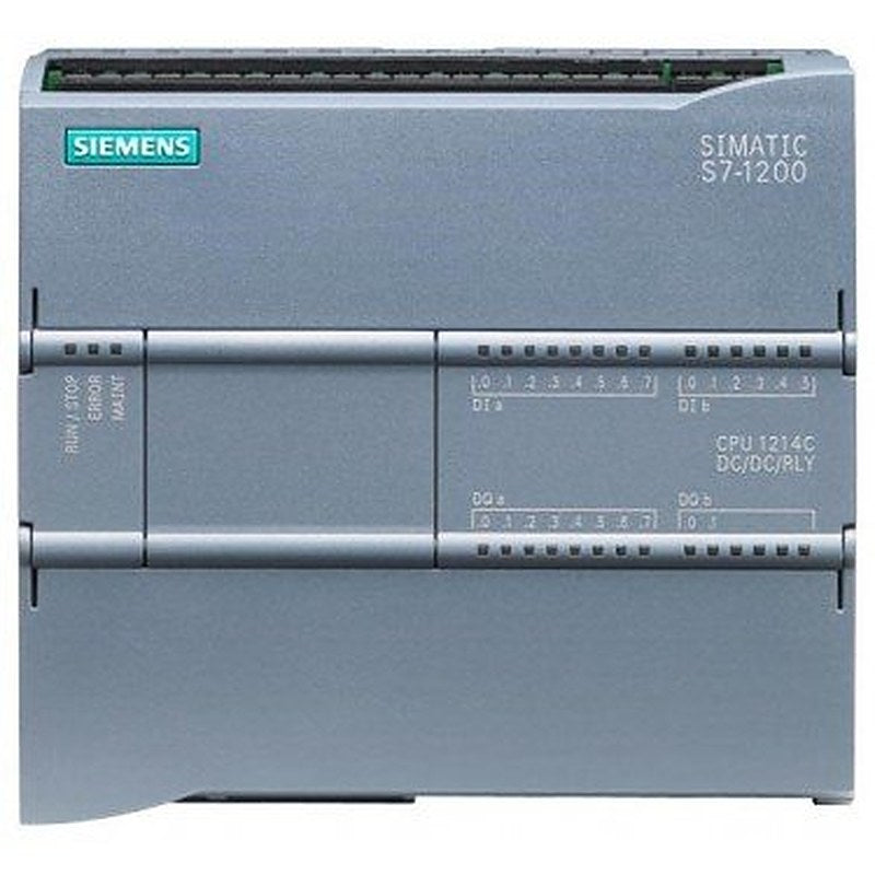 SIMATIC S7-1200, CPU 1214C, compact CPU, DC/DC/relay, onboard I/O: 14 DI 24 V DC; 10 DO relay 2 A; 2 AI 0-10 V DC, power supply: DC 20.4-28.8 V DC, program/data memory 150 KB