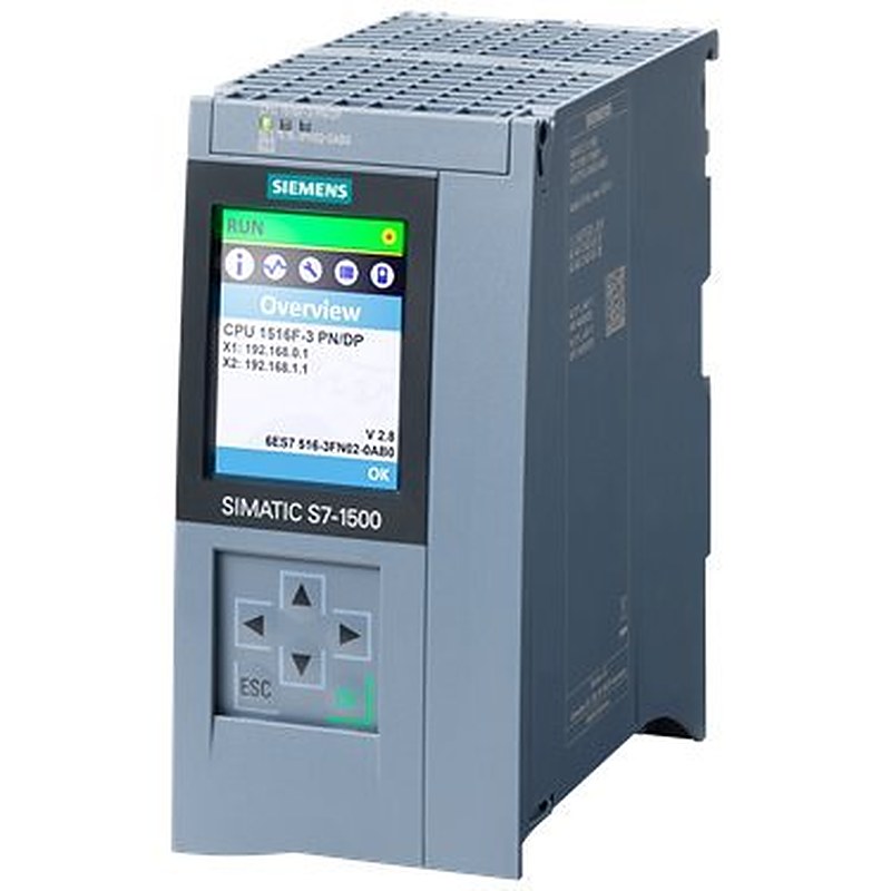 SIMATIC S7-1500F, CPU 1516F-3 PN/DP, central processing unit with 1.5 MB work memory for program and 5 MB for data, 1st interface: PROFINET IRT with 2-port switch, 2nd interface: PROFINET RT, 3rd interface: PROFIBUS, 10 ns bit performance, SIMATIC Memory Card required